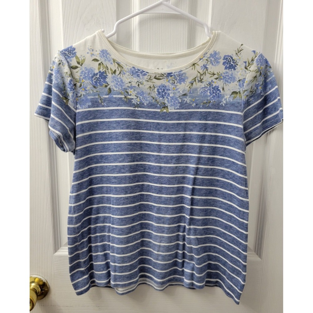 Croft & Barrow Classic Tee Womens XS Blue Stripe and Floral Short Sleeve EUC